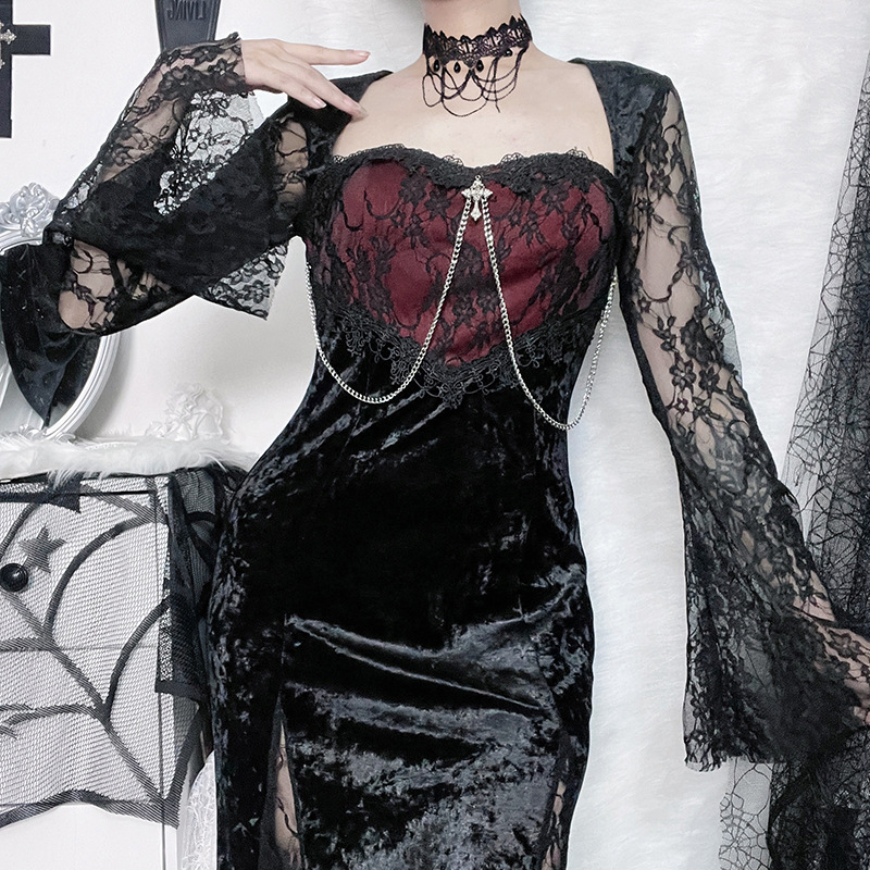 Gaun Malam Elegan Bergaya Goth - Midi Dress ulasan dan harga